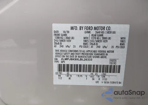 2020 Lincoln Nautilus Reserve z USA, uszkodzony, nr VIN 2LMPJ8K9XLBL26333